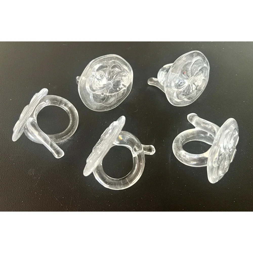 Murano Style Hand Blown Art Glass Flower Napkin Ring Holders Vintage Set 5 Clear